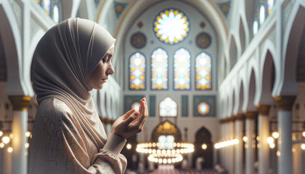 A Muslim woman, wearing a hijab, in a moment of profound prayer. The soft lighting from the mosque's windows casts a peaceful glow around her