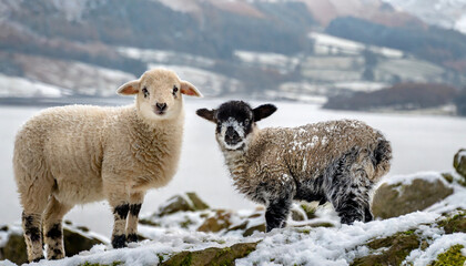 Fototapeta premium Baby Lamb and Sheep in the Snow, Lake District Winter AI Scene