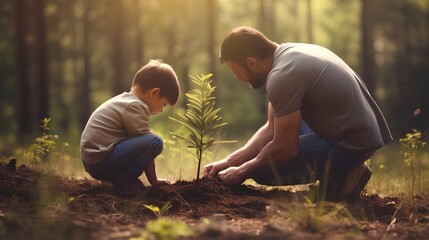 Father and son planting young sprout together, teaching importance of green, sustainable future and the role of trees in ecological balance. Nature conservation and sustainability for next generation. - obrazy, fototapety, plakaty