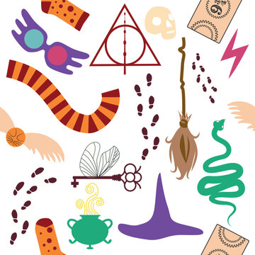 Magic items seamless pattern in flat style. School of Magic. Pumpkin, key, magic ball, feather, spider, purple hat, broom, skull, snake