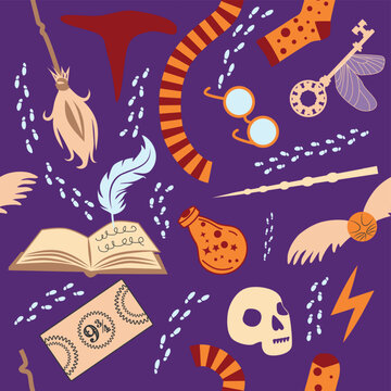 Magic items seamless pattern in flat style. School of Magic. Pumpkin, key, magic ball, feather, spider, purple hat, broom, skull, snake