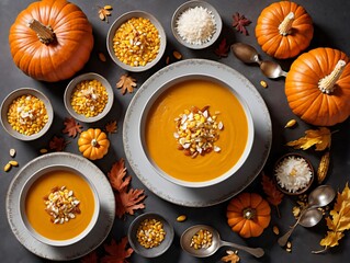 Obraz na płótnie Canvas A Bowl Of Soup With A Spoon And Some Pumpkins