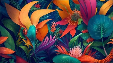 A vibrant mix of abstract animal and plant shapes, representing the rich biodiversity of nature, highlighting its importance for ecological balance. - obrazy, fototapety, plakaty