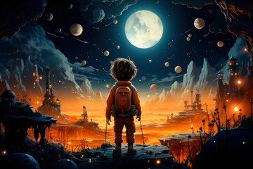 A child astronaut's voyage through cosmos unfolds in this vibrant illustration