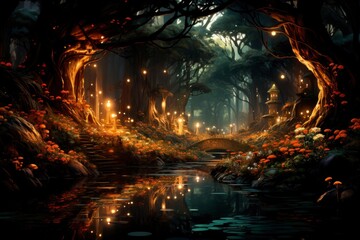 Amidst a fantasy realm, this night forest cradles magic in its green heart, igniting the serene darkness - obrazy, fototapety, plakaty