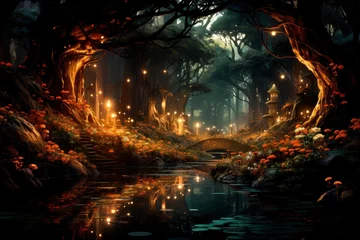 Foto op Plexiglas Amidst a fantasy realm, this night forest cradles magic in its green heart, igniting the serene darkness © NS