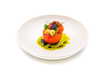 Tomato Caprese salad with mozzarella and micro sprouts on white background