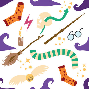 Witches school of magical objects seamless pattern in flat style