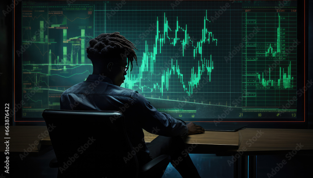 Poster rear view of african man sitting in front of monitor with stock data