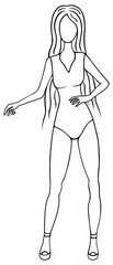 Lady in a bodysuit. Sketch. A woman with long hair froze in a beautiful pose. Vector illustration. A girl in sandals and a swimsuit rests her palm on her waist. A doll with long legs in underwear. 