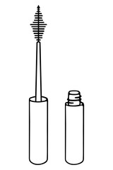 Mascara. Sketch. The tube cap is nearby. A tube with a fluffy brush at the end. Vector illustration. Means for applying mascara to eyelashes. Decorative cosmetics for creating eye makeup. Doodle style