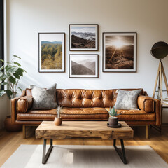 an tan leather sofa with frames
