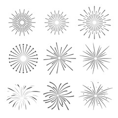 Set of 9 fireworks isolated on a white background. Firework simple black line. Vector illustration object.	
