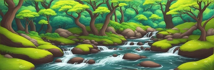 Obraz na płótnie Canvas A serene Nature scene. River in forest. AI generated illustration