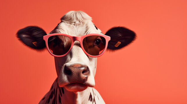 Chilling Cow Wearing Sunglasses On A Plain Color Background