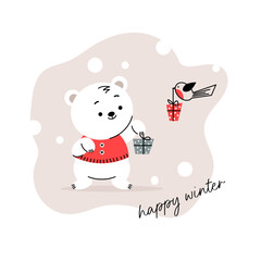 Winter card with a picture of a cute polar bear. Christmas background with smiling cartoon character.