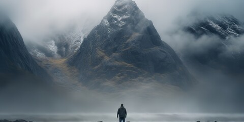 a man was standing, looking at the mountains, seeing how beautiful the view was. with a slightly misty mountain background.