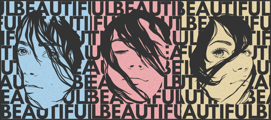 Woman face set. Retro vintage fashion portrait. 60s pop art poster