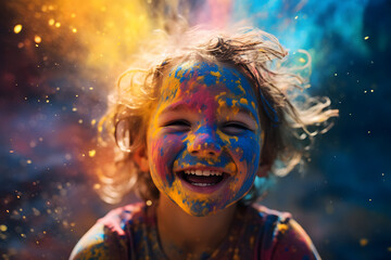 Portrait of beautiful kid face covered in colorful powder