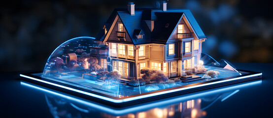 A house on a tablet with light neon background. A smart house concept. Cloud based technology - obrazy, fototapety, plakaty