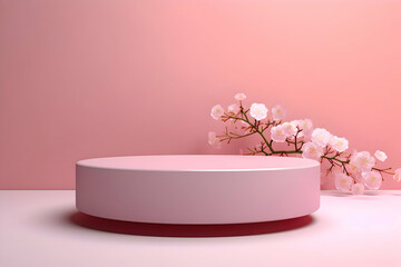 Podium pedestal showcase for cosmetic products present with flowers. High-resolution