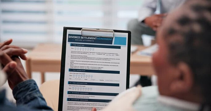 Hands, documents for divorce and a couple closeup in their home with a lawyer for a settlement agreement. Paper, legal contract or conclusion with a man and woman talking about terms of separation