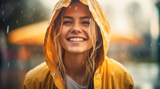 Retrato de mujer joven sonriendo bajo la lluvia con una capucha de chubasquero amarilla.