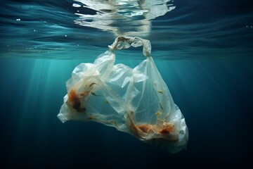 Plastic bag underwater, pollution of seas and oceans. Generative AI