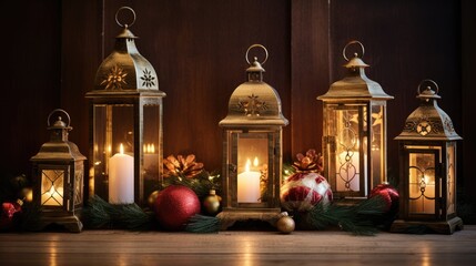 Obraz premium Christmas glowing burning candles, lights and holiday decorations Advent Background. Christmas Decoration With Ornament. Festive mood. Cozy, magical home atmosphere..