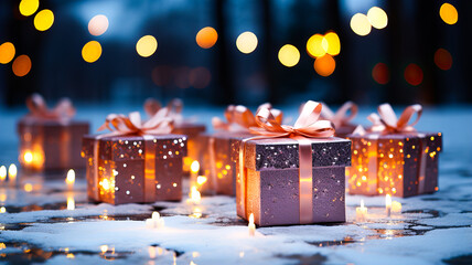 Christmas gift boxes and baubles on snow with bokeh lights in the background. Generative AI technology.