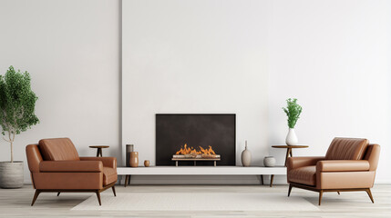 Brown leather chairs and grey sofa in room with fireplace and white wall. generative ai
