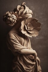 Generative AI, Photorealistic antique sculpture and flowers, muted neutral colors, 3d style ceramic statue	
