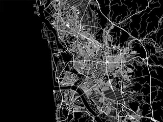 Vector road map of the city of  Akita in Japan with white roads on a black background.