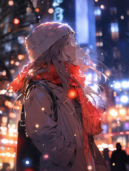 都会のイルミネーションと雪と見上げる女性