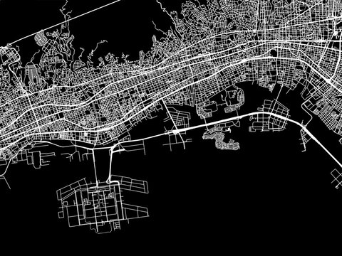 Vector road map of the city of  Ashiya in Japan with white roads on a black background.