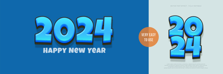 Happy new year 2024 text effect with cartoon bold 3d font style