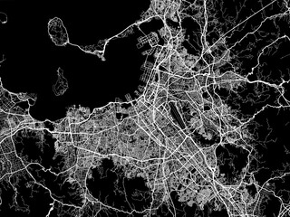 Vector road map of the city of  Fukuoka in Japan with white roads on a black background.