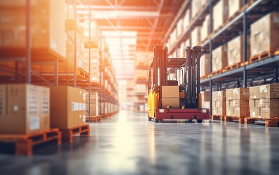 Retail warehouse full of shelves with goods in cartons, pallets, and forklifts. Logistics, and transportation concept on blurred background. Product distribution center.