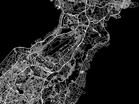 Vector road map of the city of  Ginowan in Japan with white roads on a black background.