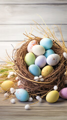 Fototapeta na wymiar Colorful easter eggs in nest on wooden background with copy space