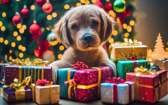 Puppy with Christmas Gifts, Merry Christmas