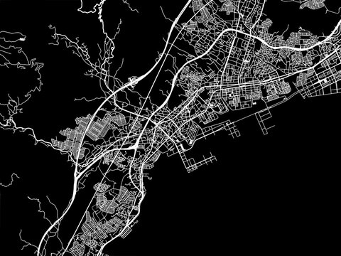 Vector road map of the city of  Hatsukaichi in Japan with white roads on a black background.