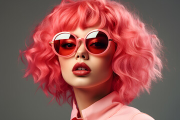 Fototapeta premium Beautiful young woman with pink hair and pink sunglasses portrait