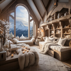  Alpine Lodge snowy white chalet style log crib 
