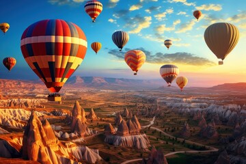 Aerial view of colorful hot air balloons over scenic landscapes.