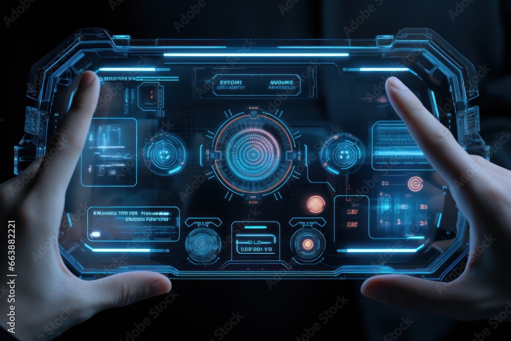 Poster cybernetic ai interface with holographic touch controls.