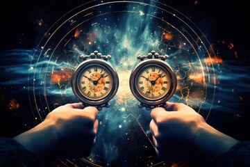 Conceptual image of clock hands merging with the universe.