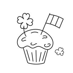 Cupcake with flag and clover vector in Doodle. Isolated icon black line. Festive Bakery outline.
