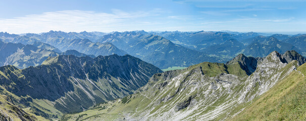 aerial mountain landscape looking north from Nebelhorn Gipfelstation, Oberstdorf,  Germany