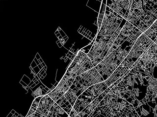 Vector road map of the city of  Kishiwada in Japan with white roads on a black background.